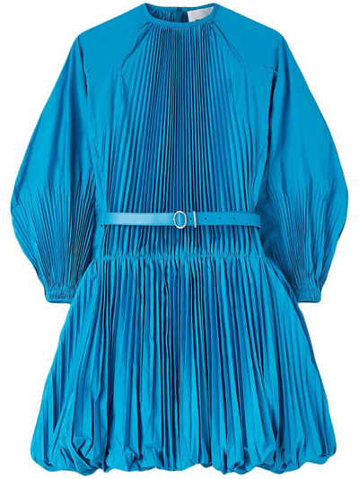 Jil Sander Cruise Pleated Blouson-sleeve Balloon Mini Dress With Belt In Electric B