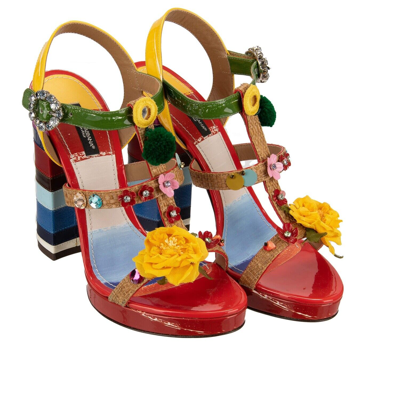 Pre-owned Dolce & Gabbana Kristall Brosche Blume Pumps Sandalen Keira Rot Gelb 12533