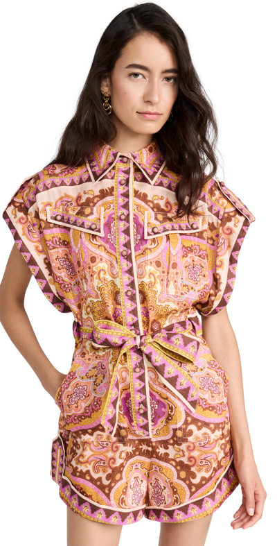 Zimmermann Halcyon Belted Paisley-print Linen Playsuit In Multicolor