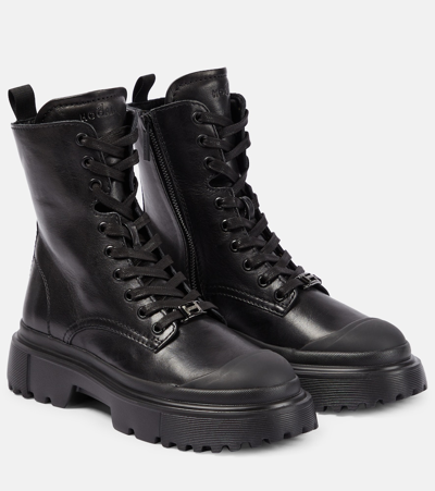Hogan H619 Leather Combat Boots In Black