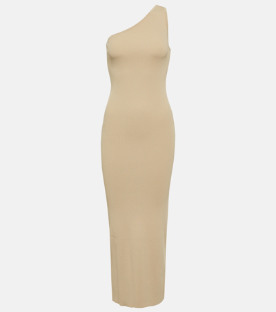 Totême One-shoulder Ribbed Viscose Midi Dress In Overcast Beige