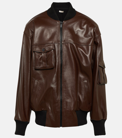 The Mannei Le Mans Leather Varsity Jacket In Brown
