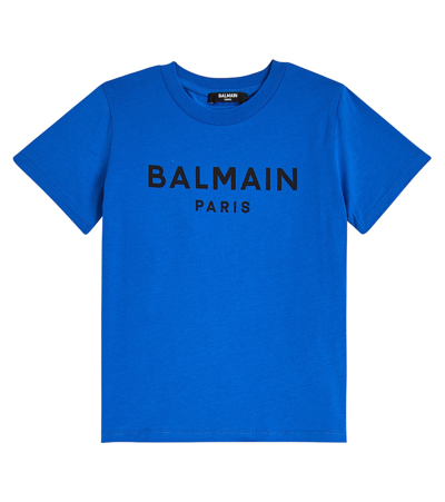 Balmain Kids' Organic Cotton Jersey T-shirt W/logo In Blue