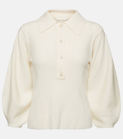 Chloé Lower Impact Wool Rib Knit Blouson-sleeve Polo Top In Iconic Milk