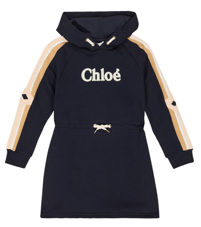 Chloé Kids' Hooded Logo Cotton Dress In Blue
