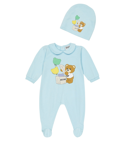 Moschino Baby Printed Cotton Bodysuit And Hat Set In Blue