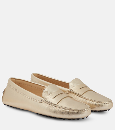 Tod's Metallic Leather Moccasins In Silver
