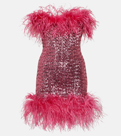OSEREE FEATHER-TRIMMED SEQUINED MINIDRESS
