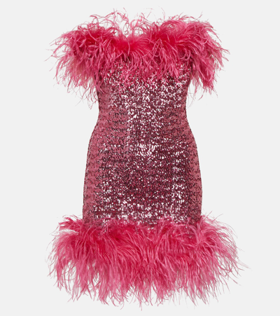 Oseree Feather-trimmed Sequined Minidress In Pink