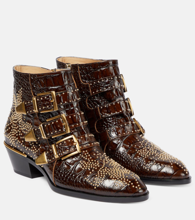 Chloé Susan Croc-effect Leather Ankle Boots In Brown