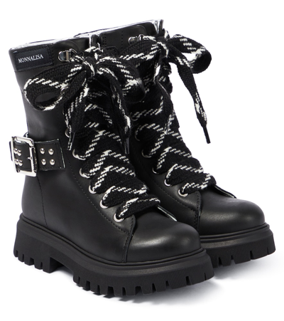 Monnalisa Kids' Lace-up Leather Ankle Boots In Black
