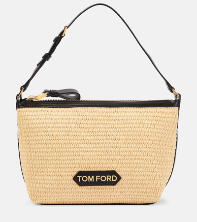 Tom Ford Label Leather-trimmed Raffia Shoulder Bag In Natural & Black
