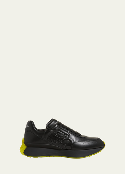 Alexander Mcqueen Men's Embossed Monogram Leather Runner Sneakers In Black Multi