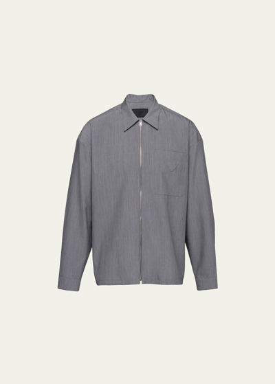 Prada Triangle-logo Zip-up Shirt In Grey