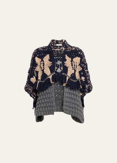 Brunello Cucinelli Cashmere Opera Cardigan With Intarsia Macrame Detail In Cgz20 Lead