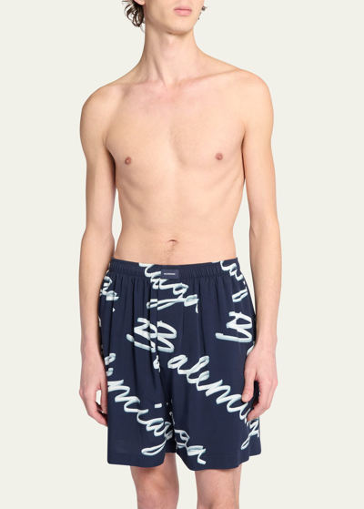 Balenciaga Men's Scribble-print Pull-on Shorts In Navy/crm