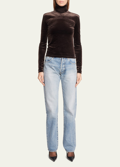 Saint Laurent Velvet Turtleneck Top In Chocolate