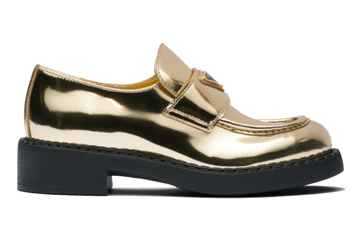 Pre-owned Prada Metallic 50mm Loafers Platinum Gold Leather