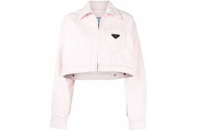 Pre-owned Prada Logo Plague Cropped Denim Jacket Pink