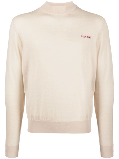 Marni Embroidered-logo Virgin-wool Jumper In Neutrals