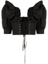 Alessandra Rich Lace-up Ruffle-trimmed Cropped Top In Black