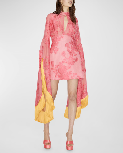 Alemais Leonard Bell-sleeve Jacquard Fringe Mini Dress In Pink