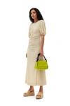 Ganni Short Sleeve Seersucker Puff Sleeves Dress In Pale Khaki