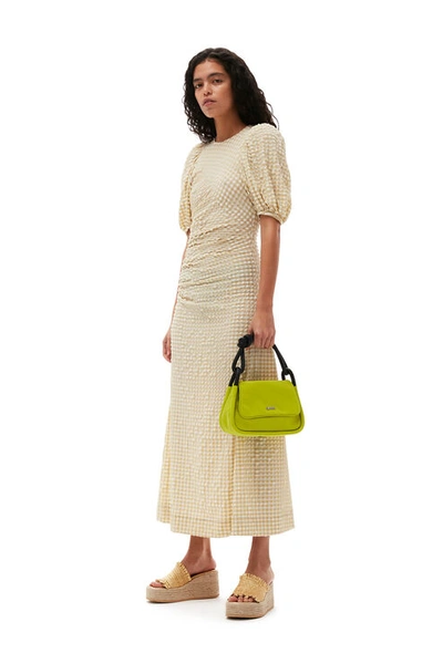 Ganni Short Sleeve Seersucker Puff Sleeves Dress In Pale Khaki