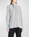 PLAN C STRIPED BUTTON-FRONT SHIRT WITH TIE NECK