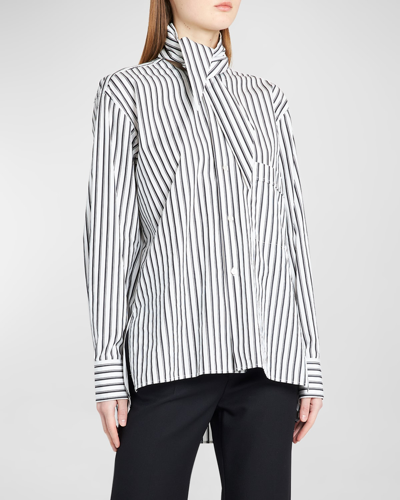 Plan C Striped Button-front Shirt With Tie Neck In White Black Shirt