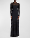 RALPH LAUREN LONG-SLEEVE SHEER STRIPED ILLUSION GOWN