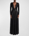 RALPH LAUREN CARMELO PLUNGING EMBELLISHED LONG-SLEEVE GOWN