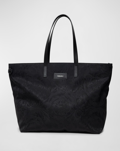 Versace Logo-print Calf Leather Diaper Bag In Black-palladium