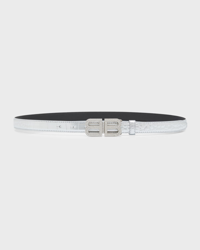 Balenciaga Bb Hourglass Croc-embossed Metallic Leather Belt With Embellishments In 8110 Silver