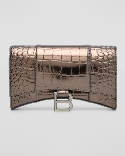 Balenciaga Hourglass Metallic Croc-embossed Wallet On Chain In 2564 Dark Bronze