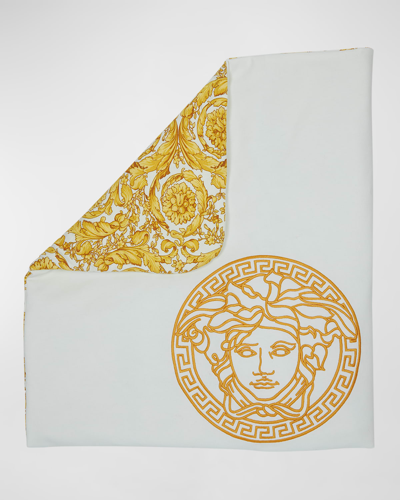 Versace Kid's Embroidered Medusa Head Blanket In Bianco Oro