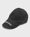 BALENCIAGA MEN'S BALENCIAGA DISTRESSED DENIM BASEBALL CAP