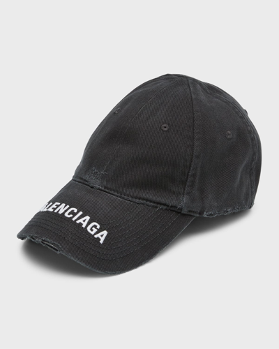 Balenciaga Men's  Distressed Denim Baseball Cap In 1077 Black/white