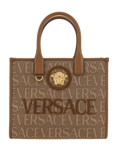 Versace Small Shopper Bag In Beige+marrone+oro