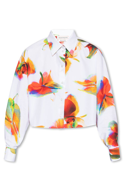 Alexander Mcqueen Floral Printed Cropped Shirt In White