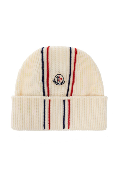 Moncler Logo Patch Knitted Beanie In White