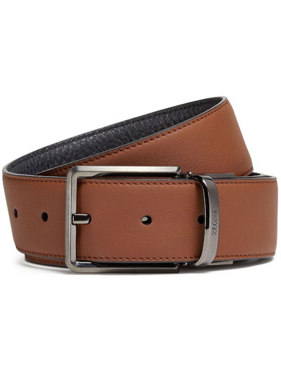 Zegna Ceinture Réversible En Cuir Foliage Et Noir In Multi