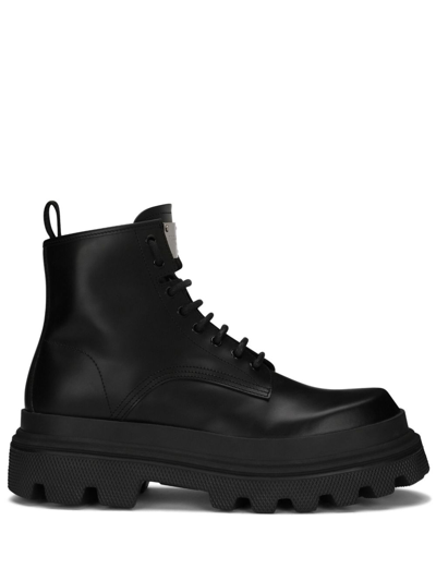 Dolce & Gabbana Logo-plaque Brushed Leather Ankle Boots In Black