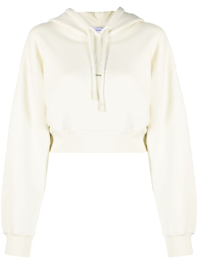 Off-white Faux-pearl Embellished Cropped Hoodie In Beige Black