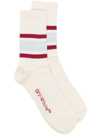 Off-white Logo-intarsia Stripped Ribbed Socks In Ivory/ Fig