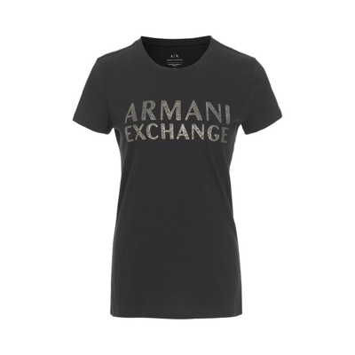 Armani Exchange 女士时尚潮流百搭撞色logo短袖t恤 In Black