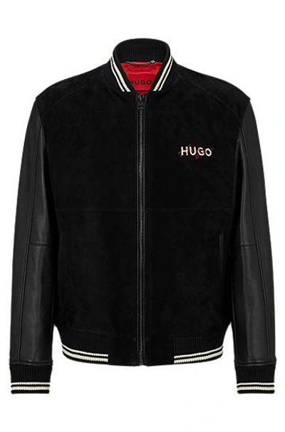 Hugo Boss Varsity-style Bomber Jacket In Suede With Leather Hugo Boss Varsity-style Bomber Jacket In Suede With Leather