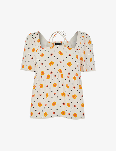 Whistles Womens Cream Flower Diamond Floral-print Tie-detail Woven Top