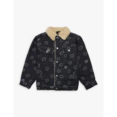 Molo Kids' Smiley Face-print Denim Jacket In Happiness Black
