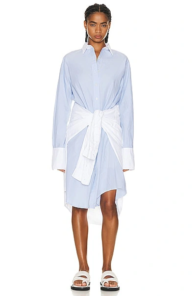 R13 Colourblock Knotted Overlay Long Sleeve Cotton Shirtdress In Blue Eoe W/ White